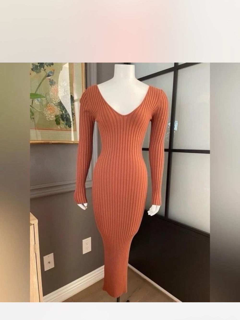 Ribbed V-Neck Long Sleeve Bodycon Dress - Rust